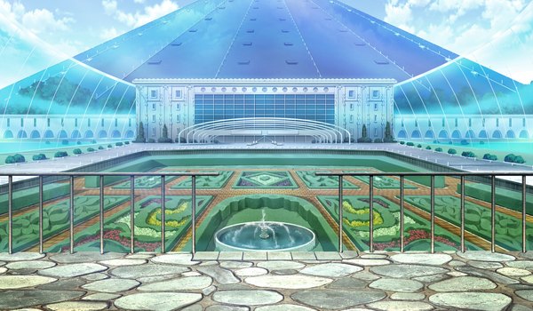Anime picture 2020x1180 with reminiscence tomose shunsaku highres wide image game cg cloud (clouds) landscape flower (flowers) building (buildings) railing fountain