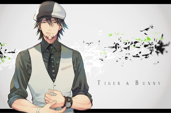 Anime picture 1518x1000 with tiger & bunny sunrise (studio) kaburagi t. kotetsu too mizuguchi single short hair black hair yellow eyes boy shirt necktie vest clock flat cap beard pocket watch black shirt