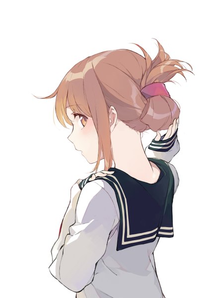 Anime picture 1000x1453 with kantai collection inazuma destroyer duoyuanjun single long hair tall image blush open mouth simple background brown hair white background brown eyes upper body looking back from behind folded ponytail girl uniform serafuku