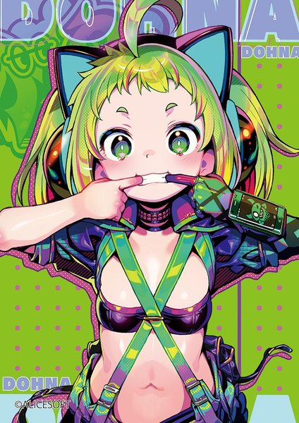 Anime picture 724x1024 with dohna dohna antenna (dohna dohna) shunin single tall image looking at viewer blush short hair breasts light erotic smile green eyes animal ears ahoge multicolored hair green hair cat ears official art teeth streaked hair
