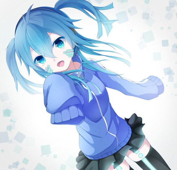 Anime picture 1045x1000 with kagerou project shaft (studio) ene (kagerou project) harunire single long hair fringe open mouth blue eyes twintails blue hair long sleeves pleated skirt zettai ryouiki happy hands in sleeves girl skirt miniskirt jacket