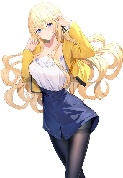 Anime picture 900x1296 with original saegusa futaba ririko (zhuoyandesailaer) single long hair tall image looking at viewer blush fringe breasts blue eyes simple background blonde hair hair between eyes large breasts standing white background cleavage long sleeves parted lips
