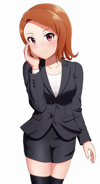 Anime picture 1000x1845 with idolmaster idolmaster (classic) minase iori runmo77 single tall image looking at viewer blush short hair simple background smile brown hair standing white background pink eyes arm up adjusting hair alternate hairstyle alternate hair length girl