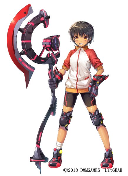 Anime picture 890x1226 with litgear tagme (character) nametakenoko single tall image short hair black hair simple background smile standing white background yellow eyes full body official art copyright name hand on hip 2018 girl weapon huge weapon