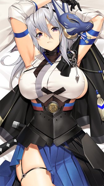 Anime picture 562x1000 with azur lane tosa (azur lane) tony guisado single long hair tall image looking at viewer blush fringe breasts light erotic hair between eyes large breasts purple eyes animal ears lying traditional clothes head tilt japanese clothes pleated skirt