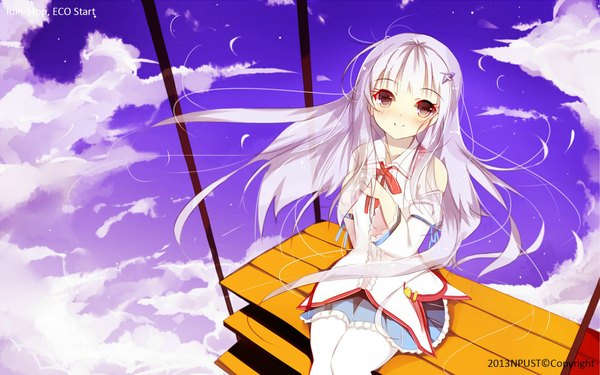 Anime picture 1920x1200 with original senya fuurin single long hair looking at viewer blush highres smile wide image sitting bare shoulders brown eyes sky cloud (clouds) white hair girl dress detached sleeves