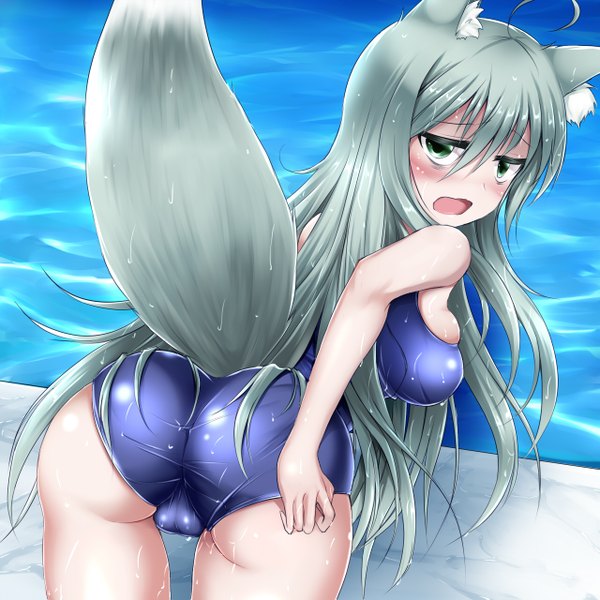 Anime picture 1280x1280 with original shimo (depthbomb) single long hair looking at viewer blush open mouth light erotic green eyes animal ears tail animal tail grey hair fox ears fox tail frown girl swimsuit water one-piece swimsuit