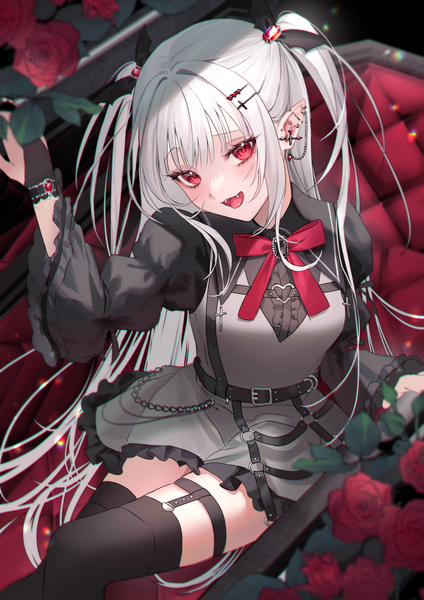 Anime picture 1158x1637 with original anoa single tall image looking at viewer blush fringe open mouth smile red eyes sitting payot white hair blunt bangs long sleeves very long hair head tilt :d arm up from above