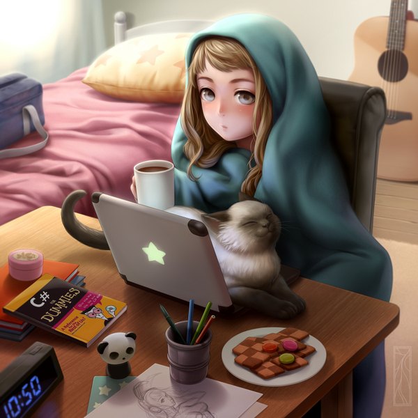 Anime picture 1500x1500 with original kotikomori long hair blush blonde hair signed grey eyes watermark checkerboard cookie girl animal food sweets pillow book (books) bed cat bag chair table