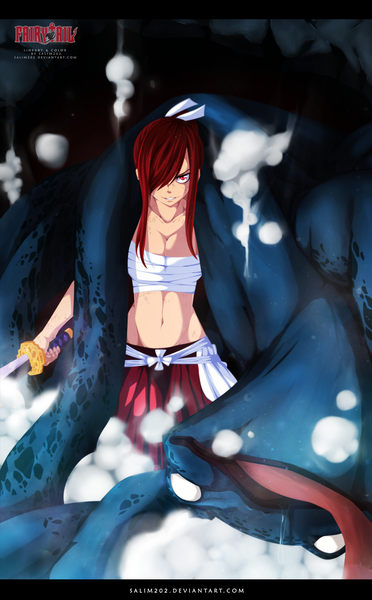 Anime picture 1299x2094 with fairy tail erza scarlet salim202 single long hair tall image fringe light erotic smile red eyes red hair hair over one eye inscription bare belly midriff coloring blank eyes girl navel bow