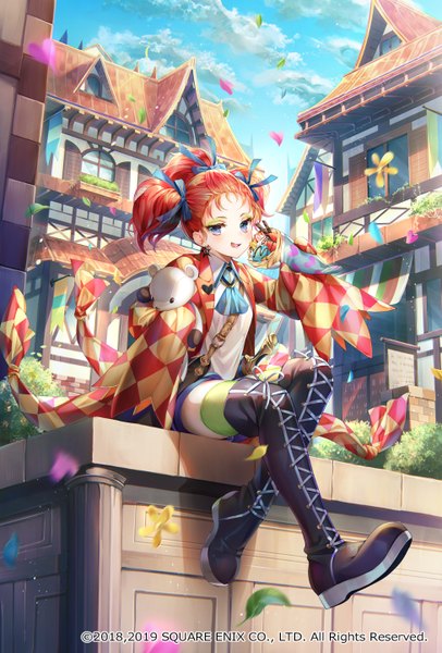 Anime picture 976x1440 with romancing saga romancing saga 3 tatyana (romancing saga) nemusuke single tall image looking at viewer blush short hair sitting purple eyes sky cloud (clouds) full body bent knee (knees) red hair long sleeves official art lacing girl