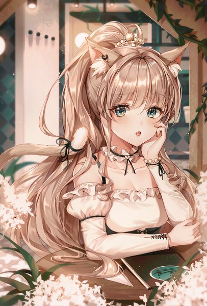 Anime picture 1300x1920 with original ttosom single long hair tall image looking at viewer blush fringe open mouth hair between eyes brown hair sitting bare shoulders animal ears cleavage upper body ponytail indoors tail long sleeves