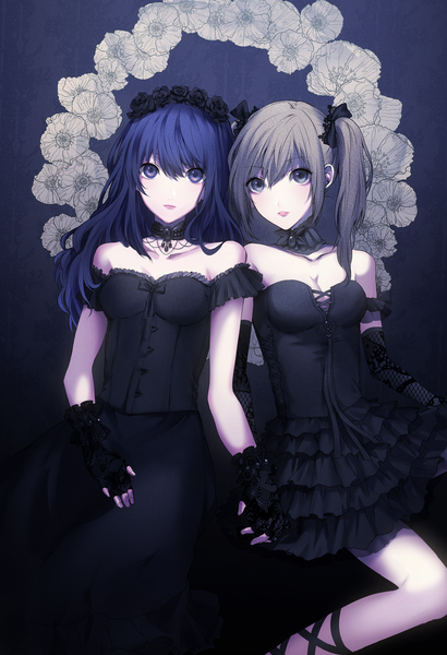 Anime picture 2705x3957 with saiki kusuo no psi nan teruhashi kokomi rifuta imu hoshino long hair tall image fringe highres blue eyes hair between eyes twintails multiple girls blue hair bent knee (knees) hair flower grey hair grey eyes dark background frilly skirt girl