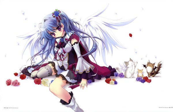 Anime picture 3500x2278 with izumi tsubasu single long hair looking at viewer blush highres simple background red eyes white background blue hair absurdres hair flower angel wings girl thighhighs dress hair ornament flower (flowers) ribbon (ribbons) detached sleeves