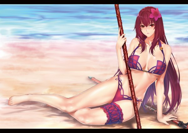 Anime picture 2255x1600 with fate (series) fate/grand order scathach (fate) (all) scathach (swimsuit assassin) (fate) zucchini single long hair looking at viewer blush fringe highres breasts light erotic hair between eyes red eyes large breasts sitting holding cleavage purple hair