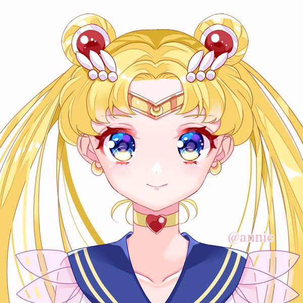 Anime picture 800x800 with bishoujo senshi sailor moon toei animation tsukino usagi sailor moon super sailor moon momoanne32 single long hair looking at viewer blue eyes simple background blonde hair white background twintails signed upper body hair bun (hair buns) twitter username portrait sailor collar