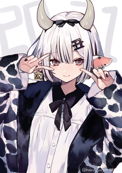 Anime picture 800x1133 with original shugao single tall image looking at viewer fringe short hair smile hair between eyes signed animal ears silver hair upper body nail polish horn (horns) grey eyes twitter username piercing ear piercing new year