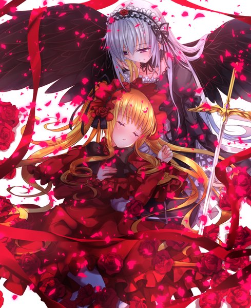 Anime picture 960x1177 with rozen maiden suigintou shinku swordsouls long hair tall image blonde hair purple eyes twintails multiple girls silver hair eyes closed light smile sleeping black wings lolita fashion goth-loli girl dress hair ornament