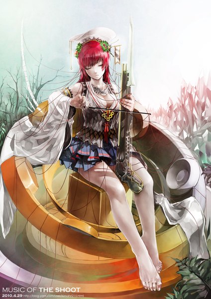 Anime picture 1240x1753 with original kimahri215 single long hair tall image sitting red hair eyes closed nail polish barefoot girl dress plant (plants) detached sleeves gun musical instrument thread