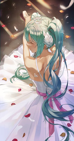 Anime picture 1365x2605 with vocaloid hatsune miku mrr 05 single long hair tall image fringe sitting twintails bare shoulders eyes closed profile from above aqua hair tattoo ballerina girl hair ornament earrings petals