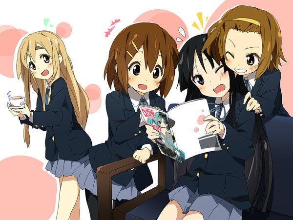 Anime picture 918x691 with k-on! vocaloid kyoto animation hatsune miku akiyama mio hirasawa yui kotobuki tsumugi tainaka ritsu ixy long hair blush short hair open mouth black hair blonde hair smile brown hair sitting multiple girls brown eyes