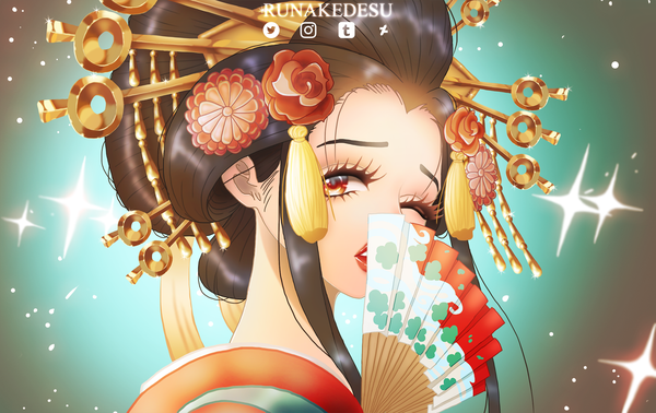 Anime picture 2000x1262 with one piece toei animation komurasaki (one piece) runakedesu single looking at viewer highres short hair black hair simple background red eyes holding signed upper body parted lips one eye closed hair flower lips wink sparkle