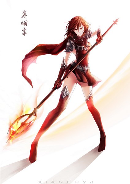 Anime picture 670x947 with quan zhi gao shou soft mist xianchyj single tall image short hair light erotic simple background red eyes white background holding signed full body red hair inscription magic fighting stance girl dress gloves
