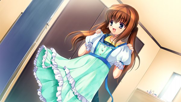 Аниме картинка 1280x720 с suika niritsu (game) длинные волосы открытый рот каштановые волосы широкое изображение game cg чёрные глаза девушка платье зеркало