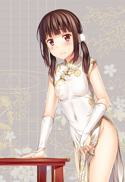 Anime picture 688x1000 with original yuuri nayuta single long hair tall image looking at viewer blush light erotic brown hair brown eyes traditional clothes no panties covered navel floral print chinese clothes girl gloves hair ornament hair tie chinese dress
