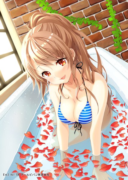 Anime picture 800x1122 with original minamoto single long hair tall image looking at viewer fringe open mouth light erotic smile brown hair sitting brown eyes head tilt arm support partially submerged watermark girl swimsuit plant (plants)