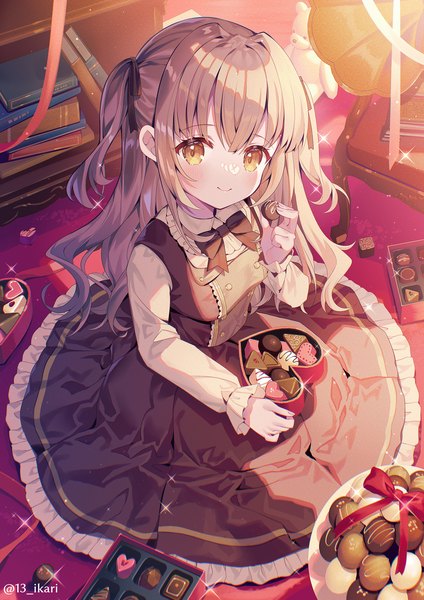 Anime picture 1447x2046 with original ikari (aor3507) single long hair tall image looking at viewer smile brown hair sitting brown eyes indoors from above sparkle loli two side up valentine girl food sweets book (books)