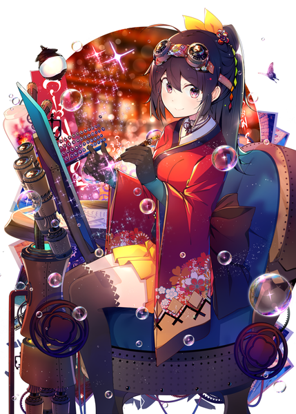 Anime picture 929x1300 with original benio (dontsugel) single long hair tall image looking at viewer blush fringe breasts black hair smile hair between eyes sitting purple eyes holding payot bent knee (knees) ponytail traditional clothes japanese clothes