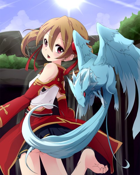 Anime picture 1000x1250 with sword art online a-1 pictures silica pina (sao) noa (nagareboshi) tall image blush open mouth red eyes brown hair twintails looking back barefoot legs girl skirt miniskirt dragon