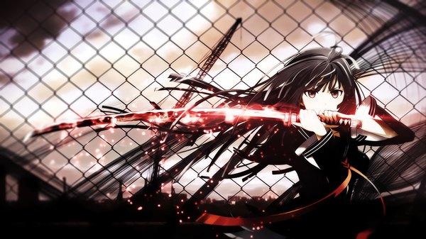 Anime picture 1920x1080 with black bullet kinema citrus tendou kisara hatsoff-designs single long hair looking at viewer highres black hair wide image holding sky cloud (clouds) black eyes wide sleeves wallpaper floating hair city glowing cityscape