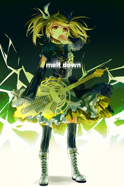 Anime-Bild 709x1063 mit vocaloid meltdown (vocaloid) kagamine rin kagamine rin (meltdown) meutan131 single tall image looking at viewer short hair blonde hair red eyes twintails inscription lacing girl thighhighs dress black thighhighs detached sleeves knee boots