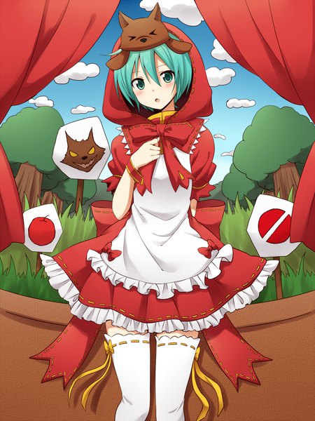 Anime picture 1600x2133 with little red riding hood project diva project diva 2nd vocaloid hatsune miku little red riding hood (character) sudachi (calendar) single tall image looking at viewer blush fringe short hair open mouth hair between eyes standing sky aqua eyes aqua hair :o