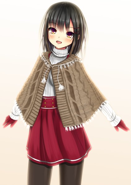 Anime picture 1447x2046 with original kurokami (kurokaminohito) single tall image looking at viewer blush short hair open mouth black hair simple background white background yellow eyes girl dress gloves red gloves poncho