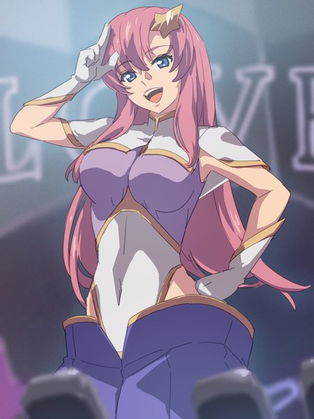 Anime picture 1200x1600 with mobile suit gundam gundam seed destiny sunrise (studio) meer campbell chiharu (9654784) single long hair tall image fringe open mouth blue eyes light erotic hair between eyes pink hair :d hand on hip girl gloves hair ornament white gloves