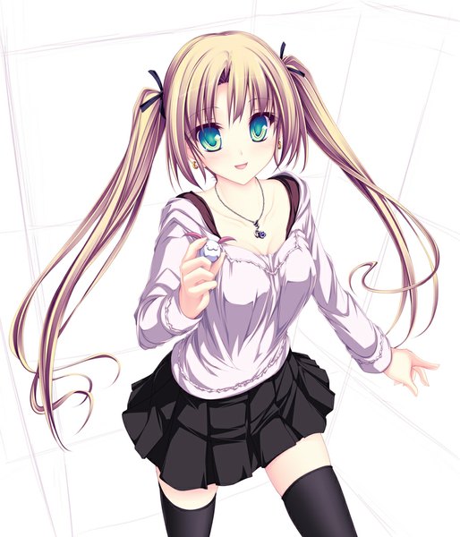 Anime picture 900x1050 with original tenmaso single long hair tall image looking at viewer blush open mouth blonde hair twintails green eyes zettai ryouiki girl thighhighs skirt black thighhighs pendant