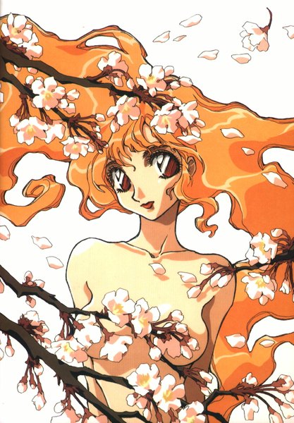Anime picture 1067x1533 with ishida atsuko long hair tall image light erotic simple background blonde hair white background brown eyes wind orange hair cherry blossoms girl flower (flowers) petals