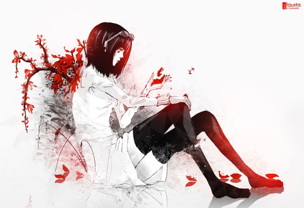 Anime picture 1900x1300 with dotentity single fringe highres short hair black hair nail polish fingernails reflection pale skin goggles on head girl thighhighs dress black thighhighs plant (plants) goggles