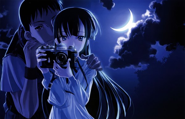 Anime picture 4616x2979 with original choco long hair highres short hair blue eyes black hair absurdres cloud (clouds) girl boy camera