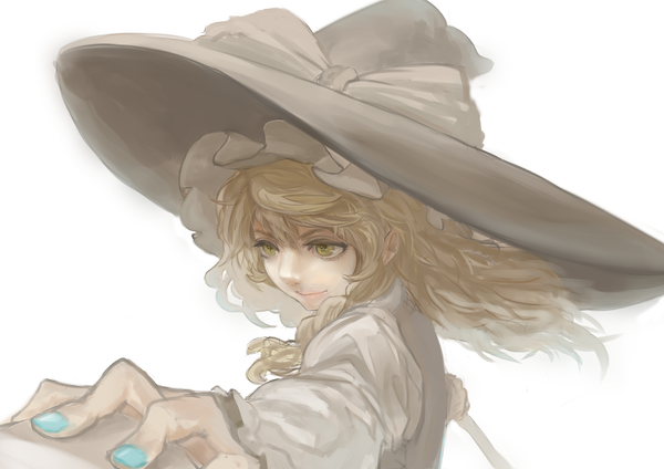 Anime picture 1414x1000 with touhou kirisame marisa potionu single short hair blonde hair smile yellow eyes nail polish wind transparent background alternate color girl hat witch hat