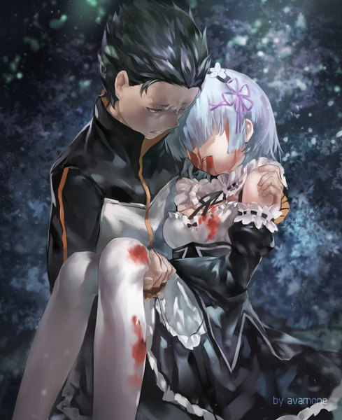 Anime picture 1800x2206 with re:zero kara hajimeru isekai seikatsu white fox rem (re:zero) natsuki subaru azomo tall image fringe highres short hair black hair signed blue hair bent knee (knees) blunt bangs head tilt blurry wide sleeves maid looking down snowing