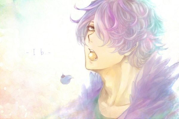 Anime picture 1200x799 with ib (game) garry (ib) single fringe short hair open mouth simple background white background purple eyes purple hair hair over one eye inscription boy petals