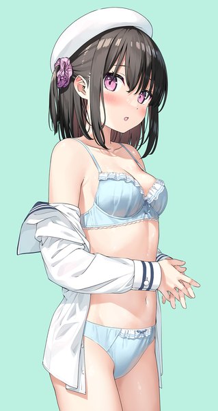 Anime picture 1168x2200 with original shizuku (kantoku) kantoku single tall image looking at viewer blush fringe short hair breasts open mouth light erotic black hair simple background hair between eyes standing pink eyes off shoulder open clothes :o