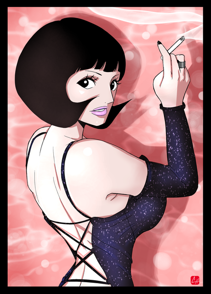 Anime picture 1280x1782 with one piece toei animation shakuyaku (one piece) chris re5 single tall image looking at viewer fringe short hair breasts black hair simple background bare shoulders holding signed nail polish parted lips looking back fingernails lips