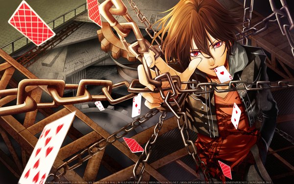 Anime picture 1920x1200 with amnesia idea factory shin (amnesia) srsn single highres short hair red eyes brown hair wide image mouth hold hand in pocket boy jacket chain card (cards)