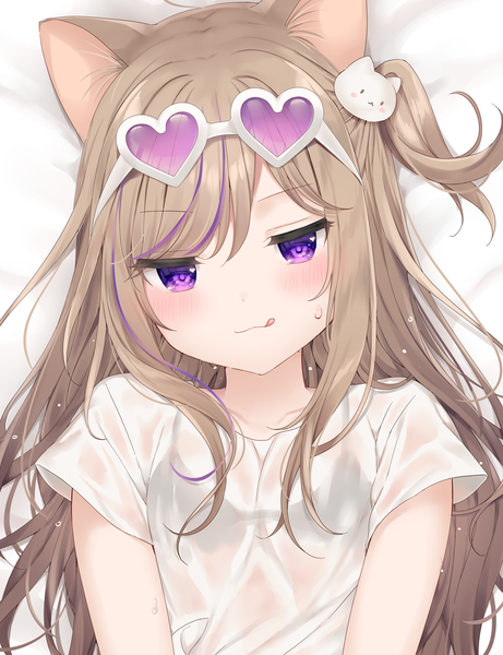 Anime picture 826x1075 with original leo (mafuyu) mafuyu (chibi21) single long hair tall image looking at viewer blush fringe breasts light erotic smile hair between eyes brown hair purple eyes animal ears payot nipples upper body lying