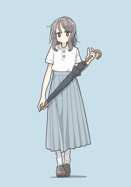 Anime picture 1434x2048 with original east sha2 single long hair tall image looking at viewer simple background standing full body pleated skirt grey hair short sleeves blue background closed umbrella girl skirt socks shoes umbrella white socks